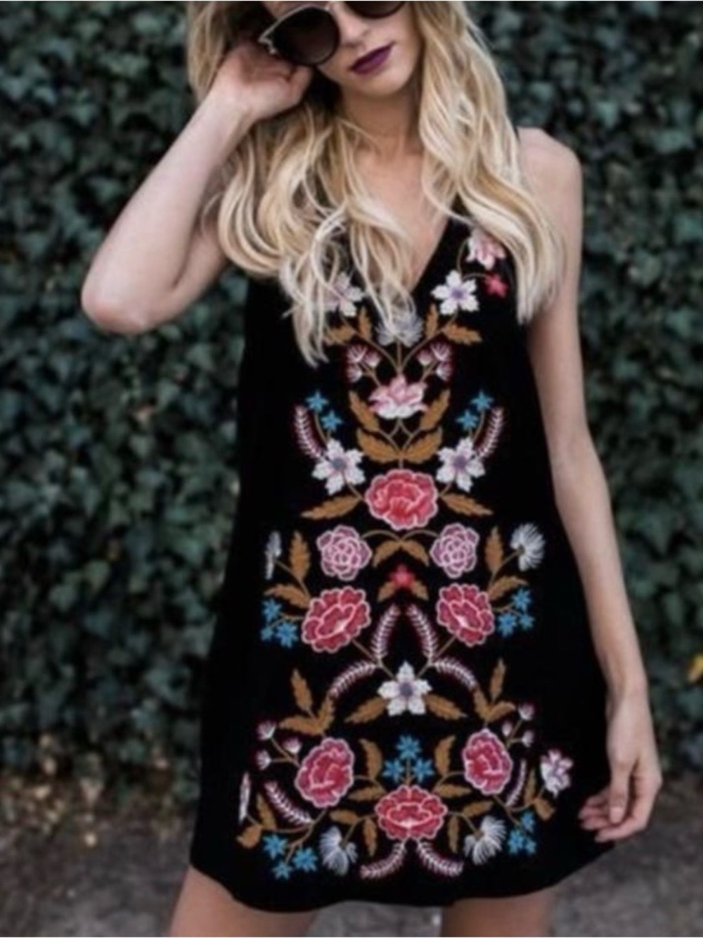 By Together Black Embroidered Floral V-Neck Dress